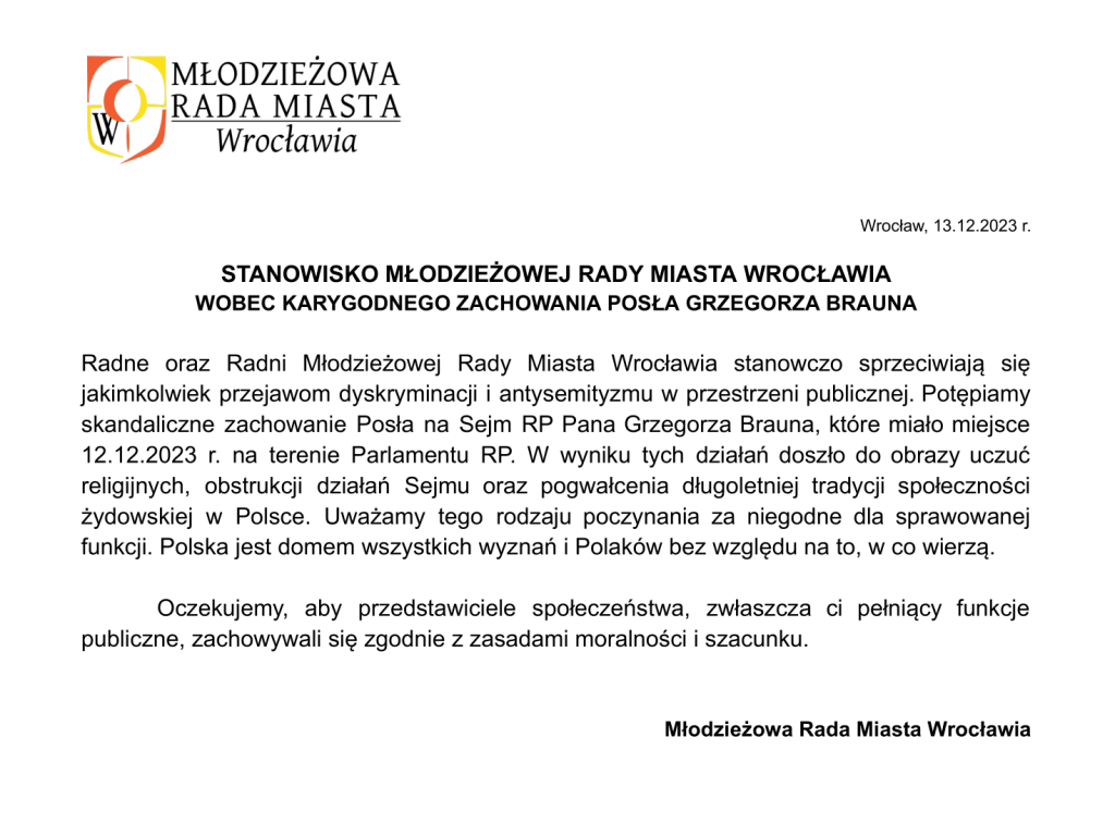 Stanowisko Młodzieżowej Rady Miasta Wrocławia wobec karygodnego zachowania posła Grzegorza Brauna